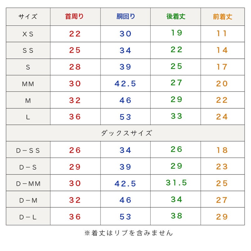 エアベストの首回り・胴回り・前後着丈をサイズ別に示した表