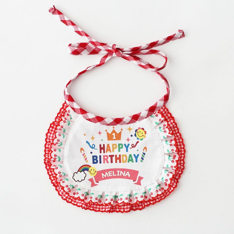 お名前プリント]ハッピーバースデイ・ビブ（スタイ）・チェックフリル