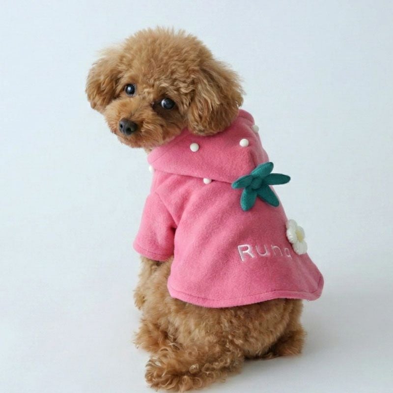 予約限定ウェア]お名前刺繍フリースいちごフード付きマント | 犬服通販