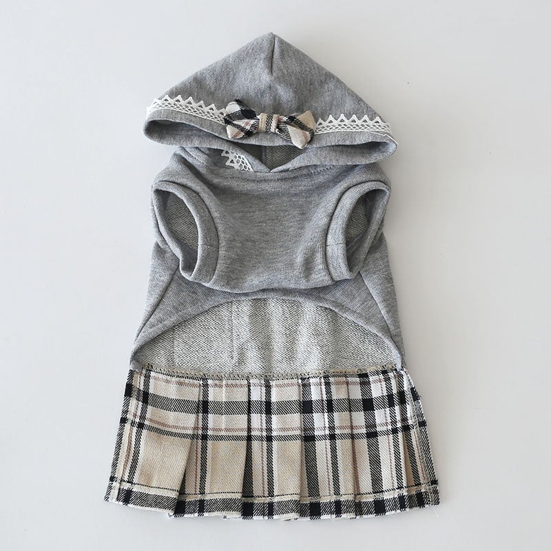 やわらか杢グレーのチェックプリーツワンピース | 犬服通販ドッグピース