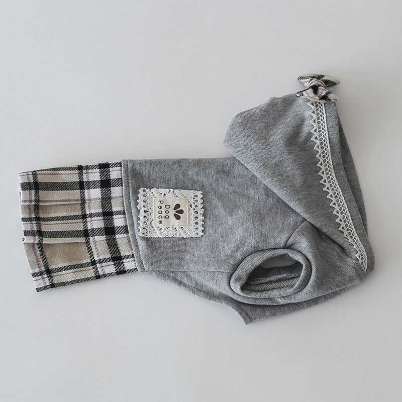 やわらか杢グレーのチェックプリーツワンピース | 犬服通販ドッグピース