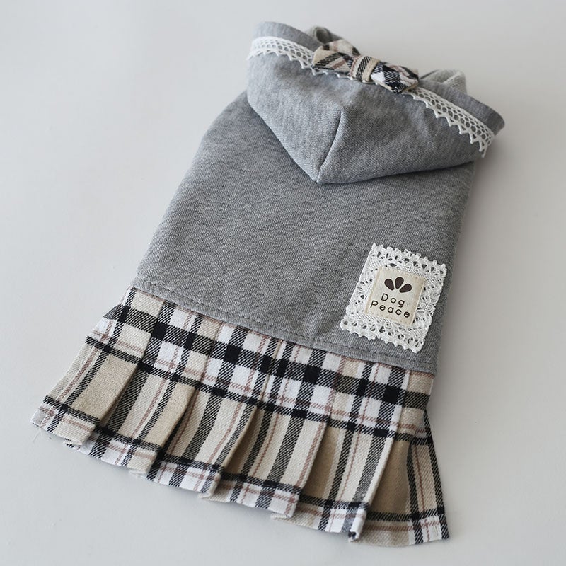 やわらか杢グレーのチェックプリーツワンピース | 犬服通販ドッグピース