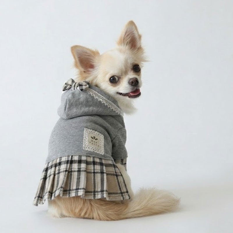 やわらか杢グレーのチェックプリーツワンピース | 犬服通販ドッグピース
