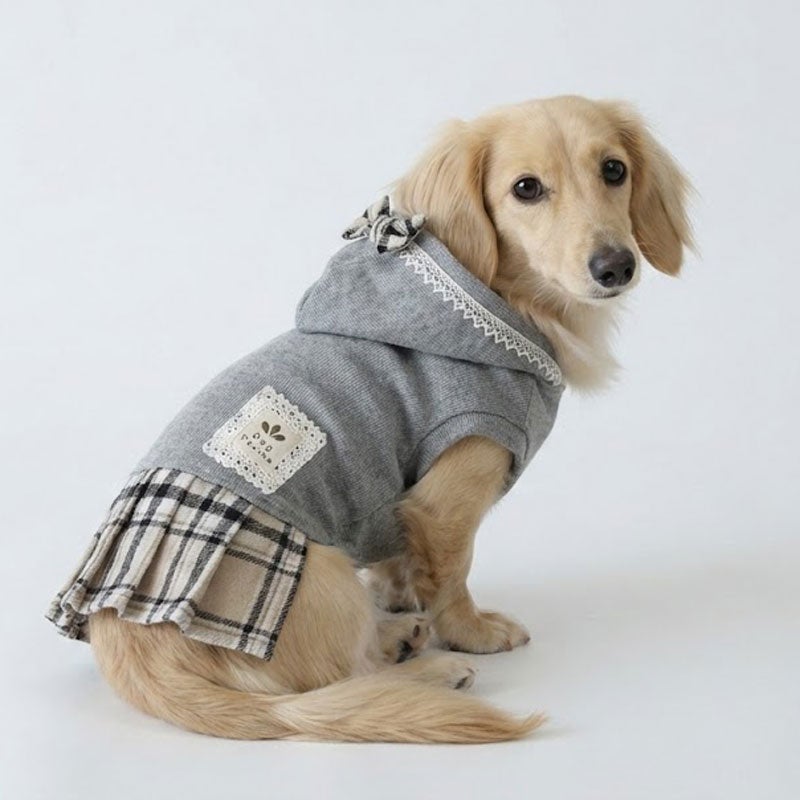 やわらか杢グレーのチェックプリーツワンピース | 犬服通販ドッグピース
