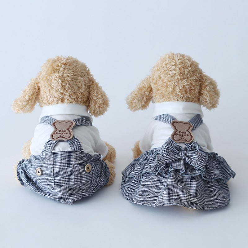予約限定ウェア]クラシックチェック・くまワッペン・サロペット | 犬服