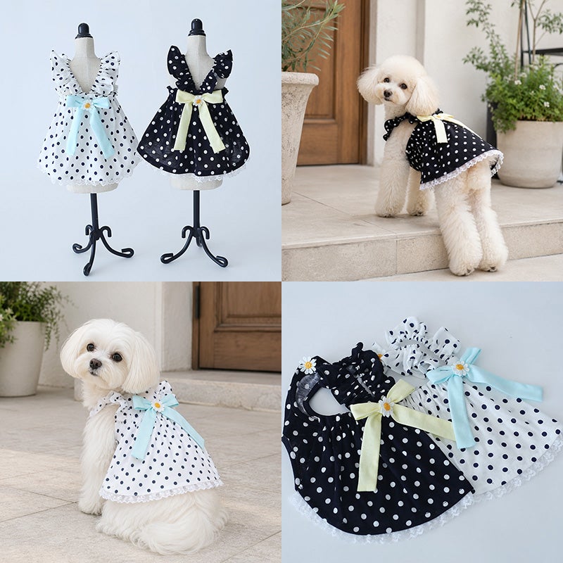 マーガレットリボン・ドットフリルワンピース | 犬服通販ドッグピース