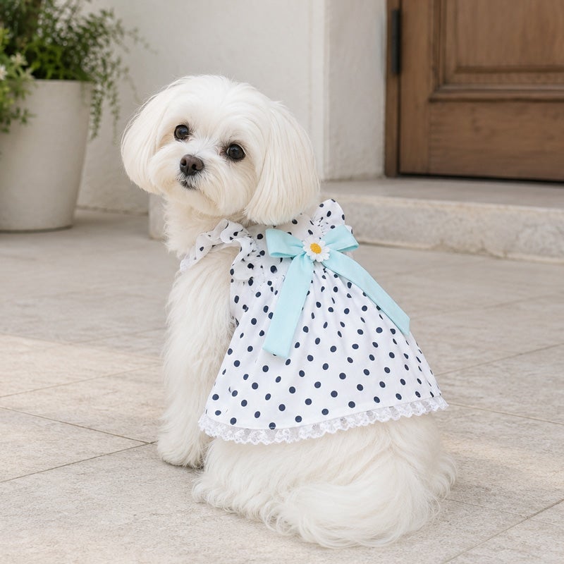 エムズグレイシー　ワンちゃん　犬　柄　ベルトリボン　フレア　プリーツ　ワンピース マーガレットリボン・ドットフリルワンピース | 犬服通販ドッグピース