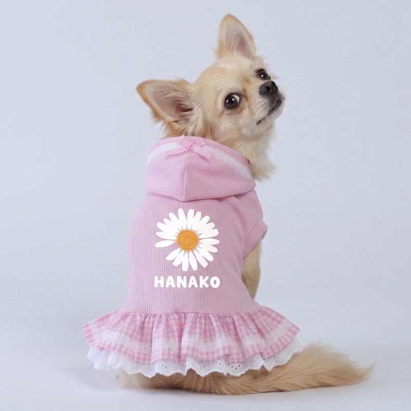 犬服　♡ピンクマミー♡ 予約限定ウェア］お名前プリント・マーガレットレースフード・ヴェリー