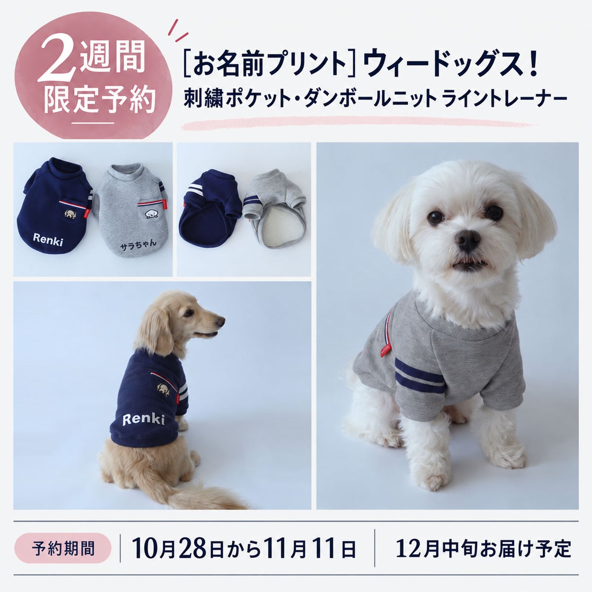 ［予約限定ウェア］お名前プリント・ウィードッグス！刺繍ポケット・ダンボールニット ライントレーナー